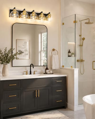 Image of Bathroom Light Fixtures, 5-Light Black and Gold Bathroom Vanity Light, 32 Inch Modern Wall Sconces with Globe Clear Glass Shade, Vanity Lighting Fixtures Over Mirror, VL195-KG-5