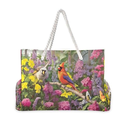 Colorful Bird Garden Beach Bag with Top Zipper Closure, Waterproof Pool Bag, Large Beach Tote for Women#1232