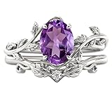 QKABTI Oval Shaped 8x6 MM Gemstone Vine Leaf Ring Sterling Silver, Natural Amethyst Engagement Ring Set for Women