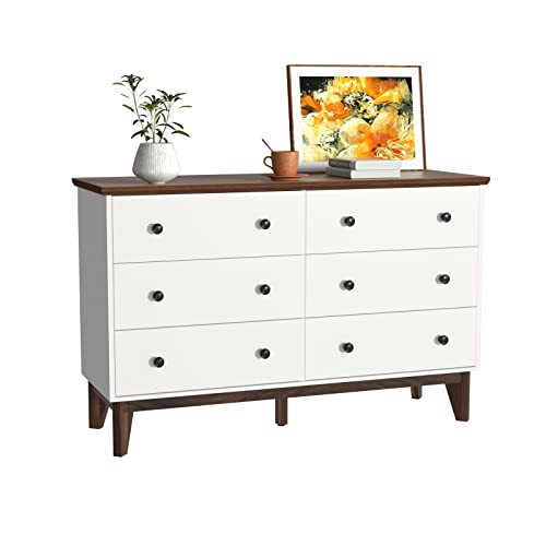 Image of CARPETNAL 6 Drawer Dresser, Modern White Dresser for Bedroom, Wood Dressers & Chest of Drawers Storage Cabinet with Wide Drawers and Metal Handles for Living Room, Hallway, Entryway
