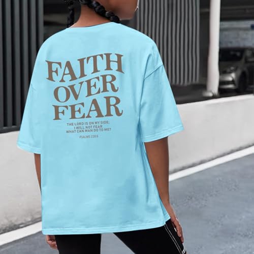 Image of Faith Over Fear Shirt Christian Jesus Tshirts for Girls Religious Inspirational Tees Bible Verse Tops for Kids 3-12