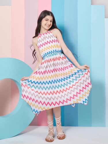 Image of Pspeaches Stylish Girl's Geometric Printed Fit Flare Midi Dress White Color Trendy Outfit Fashionable Kids' Dress