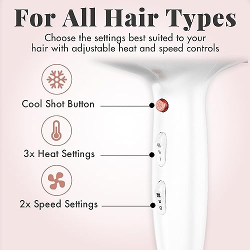 Lily England Hair Dryer with Diffuser for Curly Hair - 1800w Diffuser Hairdryer with 3 Heat Settings, 2 Speeds & Cool Shot Blow Dryer - Hairdryers for Women, White & Rose Gold - Image 5