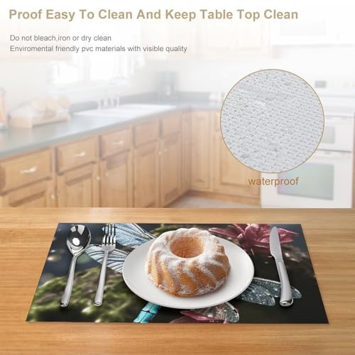 Set de table PVC lavable durable vinyle tissé bleu libellule salle - 5