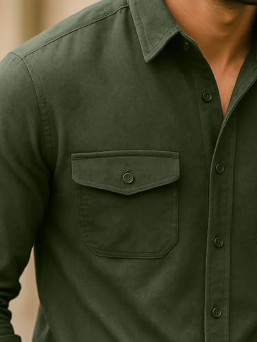 Image of Veirdo Men's Pure Cotton Utility Shirt | Full Sleeve Casual Button-Down with Dual Chest Pockets | Stylish & Comfortable Everyday Wear | Colors: Beige, Black, Maroon, Olive, Rust & White
