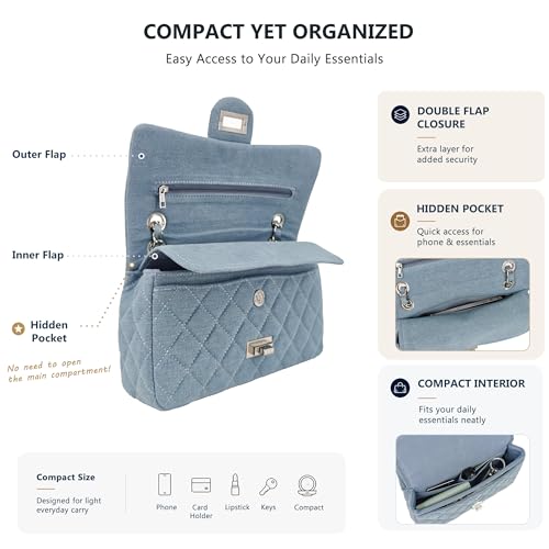 Image of M-ioi-M Quilted Denim Crossbody Bags for Women, Chain Strap Shoulder Bags, Medium Double Flap Purse, Gold Hardware Jean Purse