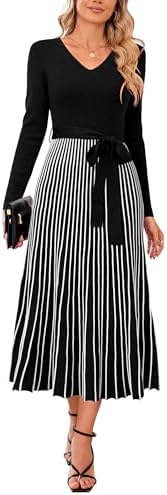 Arach&Cloz Women's Wool Blend Tie Waist Pleated Fall Sweater Dress 2025