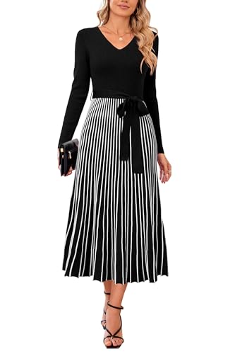 Arach&Cloz Strickkleid Damen Herbst Winterkleid Lang Gestreift V-Ausschnitt Langarm Pulloverkleid(Schwarz-Weiß,M)