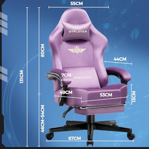 Image of GTPLAYER Gaming Chair Fabric with Pocket Spring Cushion, High Back Ergonomic Computer Chair with Footrest for Adults Lumbar Support Swivel Game Chair for Office Gaming 350LBS, Light Purple