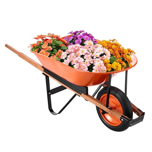 VEVOR Wheelbarrow Cart, 5 Cu. Ft. Load & 265 lbs Capacity, One Wheel Garden Dump Cart, Garden Wagon with Metal Handle & 16' Wide Track Wheels, Easy Loading Utility Yard Cart & Wagons for Lawn Farm
