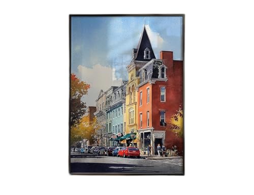 Burlington Vermont watercolor travel print wall art featuring colorful Burlington city street scene, Vermont artwork for living room decor, poster suitable for bedroom or office