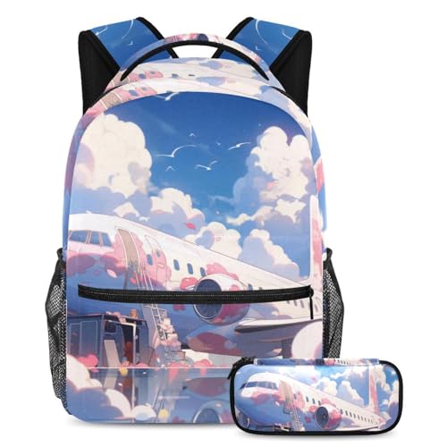 Sac à dos avion rose multicolore avec trousse assortie élégante et pratique