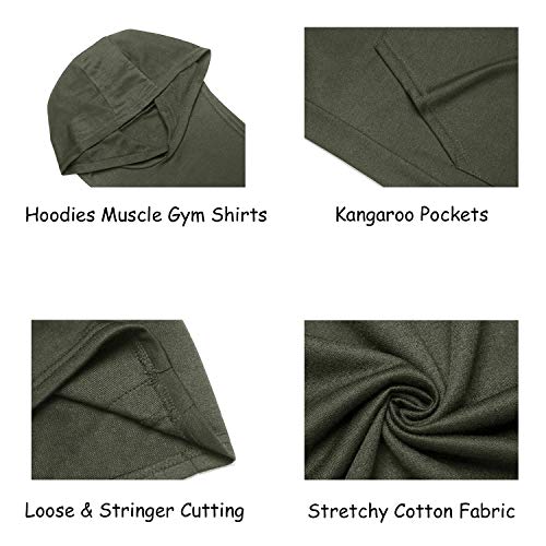 Urru Mens Fashion Sleeveless Hoodie Fitness Tank Top Pocket Army Green L #TOP4