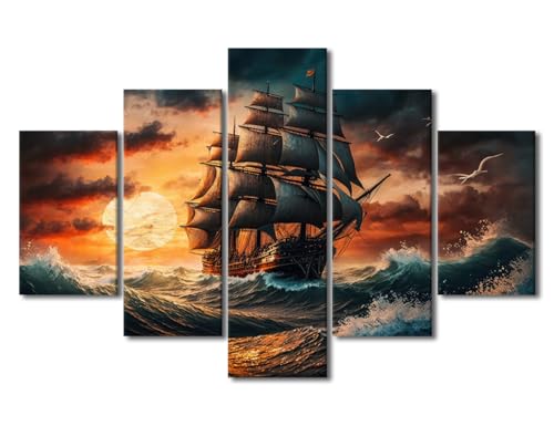 Toile bateau de pirate coucher de soleil grand format décoration murale salon moderne