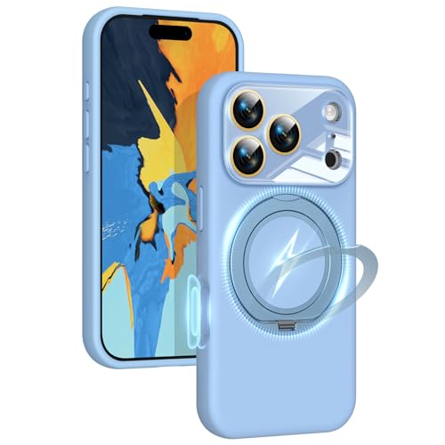 Image of Silicone 360 Spin Magnetic Stand Case for iPhone 17 Pro, [Compatible with Mag-Safe][Reinforced Hard Camera Protection] Liquid Silicone Rubber Phone Case Cover with Ring, Camera Button, Sky Blue