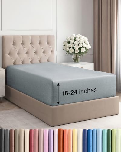 Image of Extra Deep Twin Fitted Sheet - Single Fitted Sheet Only - Heathered Blue | Easily Fits 18 inch to 24 inch Mattress, Soft, Wrinkle Free, Breathable & Comfy, Extra Deep Pockets Hotel Luxury Fitted Sheet