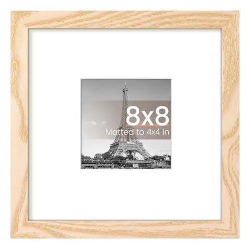 upsimples 8x8 Picture Frame, Display Pictures 4x4 with Mat or 8 x 8 Without, Wall Hanging Photo Frames, Natural, 1 Pack