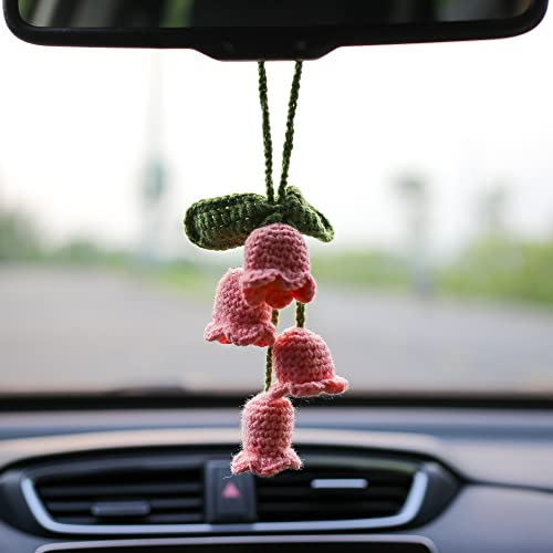 Talataca Pink Lily Handmade Crochet Car Ornament, Cute Little Lily Flower Knitted Rear View Mirror Accessories, Woven Rearview Hanging Charm, Christmas Tree Decor #TOP8