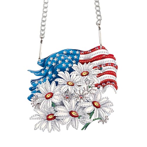Image of AiYuanzsh Patriotic Diamond Painting Hanging Ornament, American Flag with White Daisies, DIY 5D Diamond Art Pendant Kit with Chain, Independence Day Crystal Suncatcher Home Decoration Craft
