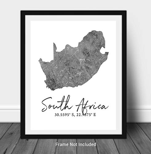 South Africa Map Wall Art Print - 8X10 Silhouette Decor Print With Coordinates. Makes A Great South African-Themed Gift. Shades Of Grey, Black & White. #TOP1