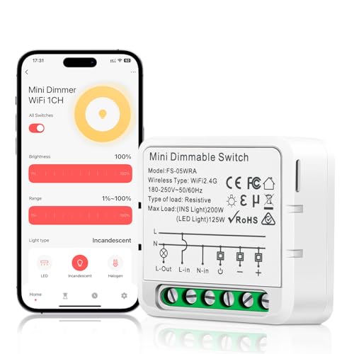 Aroidful Mini Smart Wireless LED Dimmer Switch, Smart Switch Remote Control with Alexa Echo and Google Home, App and Timer Control for Indoor Home Lighting, Living Room, Bedroom, AC 100-240V 50/Hz