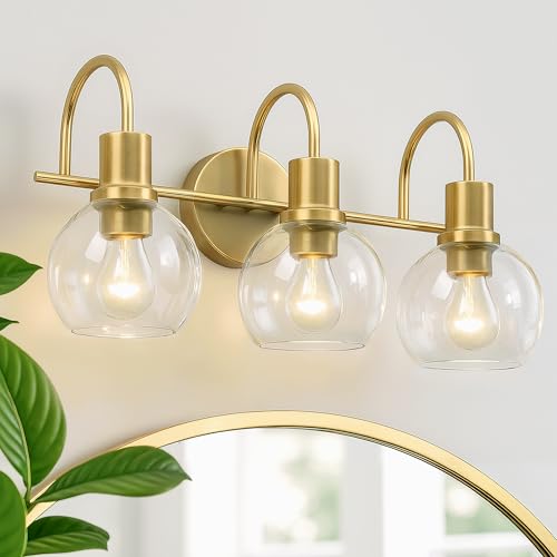 Image of Bathroom Light Fixtures,Gold Vanity Light 3 Light Wall Sconces, Brushed Brass Lighting with Clear Glass Shades, Wall Mounted Mirror Lights for Kitchen, Bedroom, Hallway