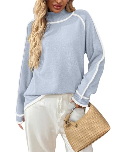 Bozanly Women's Mock Neck Pullover Sweaters 2025 Casual Fall Winter Long Sleeve Color Block Loose Knitted Tops