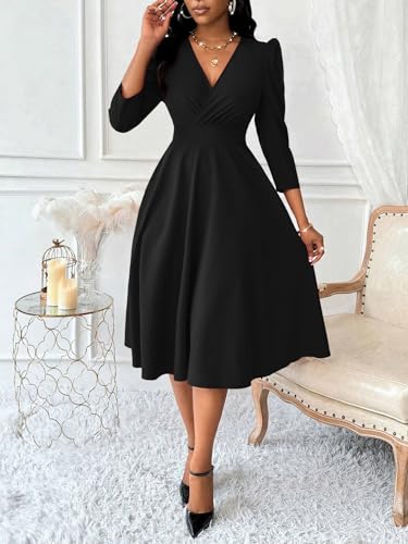 Nmoder Women Casual Midi Semi Formal Fit and Flare 3/4 Sleeve A-line Dress for Church Work Wedding Guest Cocktail Dresses4