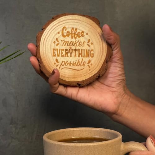 Image of Giftana Wooden Coaster Set with Engraved Quote - inchCoffee Makes Everything Possible inch Round Coasters for Home & Office, Eco-Friendly, Non-Slip Drink for Dinning Table, 4 Inches Diameter- Set of 2