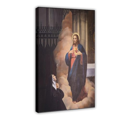 Toile Sacré-Cœur et Sainte Marguerite Marie 50x75 cm cadre