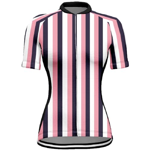Mateju Transpirable Maillot Ciclismo para Mujer, Rayas Ropa Ciclismo Exterior con Cremallera y Bolsillos, Verano Secado Rápido Camisetas Manga Corta Hombre, Camiseta Mujer Elástico (Rosa,XXS)
