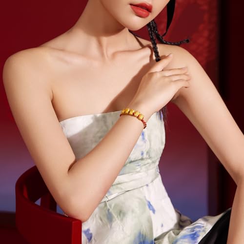 24K Solid Gold Bracelet Five Snake Dragon Pure Gold Charm Red Braided Bracelet Cute Animal Jewelry for Women Mom Daughter Birthday New Year 6.3-8.7"(16+6cm)4