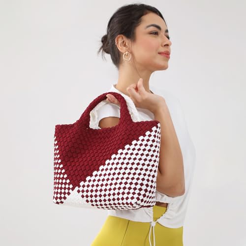 Image of Woven Bag for Women, Neoprene Tote Bag Summer Beach Handbag Purse Retro Handmade Travel Shoulder Bag Set