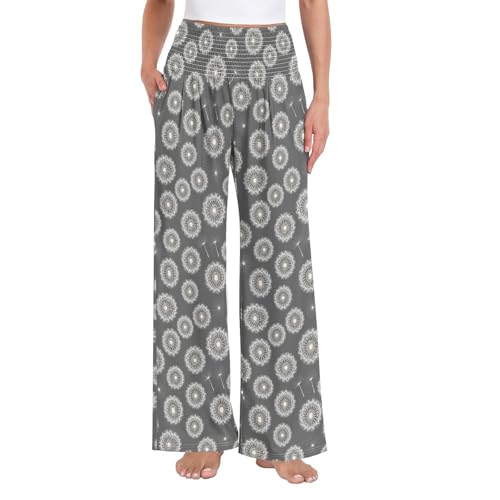 Pantalon large pour femme taille haute motif pissenlit gris