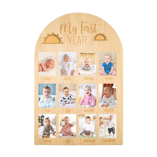 Image of R HORSE My First Year Photo Display Wood Board, Baby’s First Year Picture Frame 12 Months Milestone Board Photo Frame Neutral Baby Keepsake Frame Boho Sun 1st Birthday Nursery Decor Gift for Boy Girl