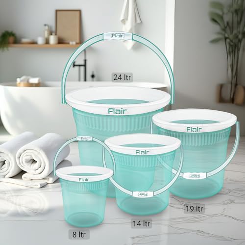 Image of FLAIR Estella Crystal 24 LTR T.Green Set of 2 I Plastic Bathroom Bucket | Strong and Durable Water Storage Bucket | Sturdy and Easy Grip Handle | Ideal for Bathing and Everyday Use