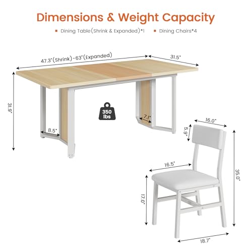Itaar 5-Piece Dining Table Set for 4-6 People, 63\" Extendable Kitchen Table and 4 Cushion Chairs, Dining Room Table with MDF Board & Metal Frame for Small Space, Easy Clean, Natural - Thumbnail 3