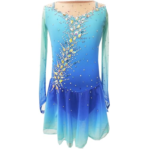 FZHQNZJF A,12_15Years, Vestido Patinaje Artístico, Trajes de Competición de Patinaje sobre Hielo para Niñas Ropa de Rendimiento de Ballet Hecha a Mano Falda de Malla de Gimnasia de Manga Larga