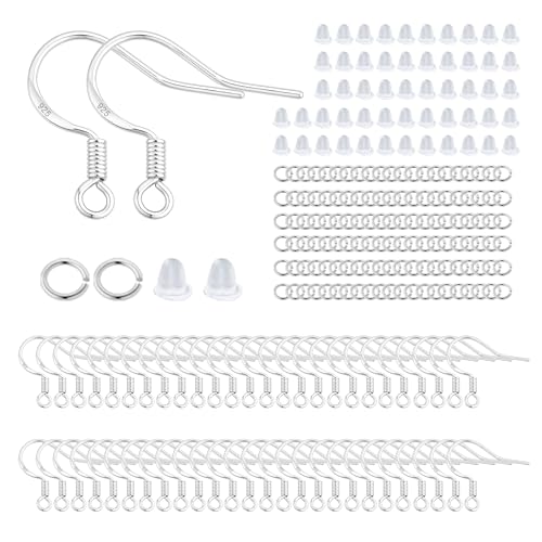 200 PCS/100 Pairs 925 Sterling Silver Plated Earring Hooks Hypoallergenic Silver Ear Wires Fish Hooks with 100 PCS Clear Silicone Earring Backs and 100 PCS Jump Rings for DIY Jewelry Making