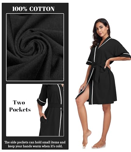 Image of ANLIQI Womens 100% Cotton Robes Lightweight Summer Short Sleeve Lady Bathrobe Knee Length Kimono Robe Sleepwear with Pockets
