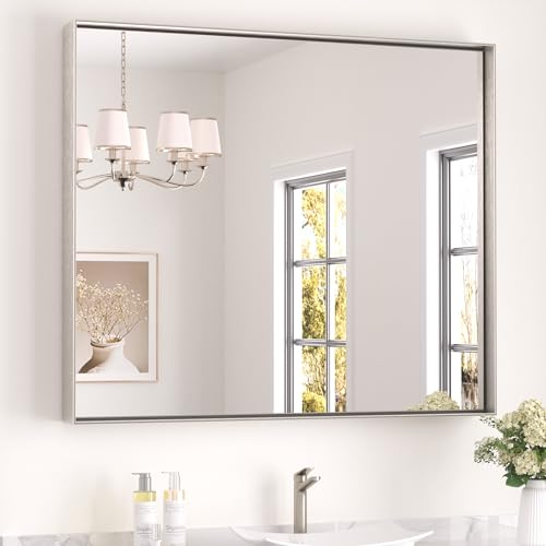 Image of Keonjinn 42x36 Inch Nickel Bathroom Mirror for Over Sink, Rectangular