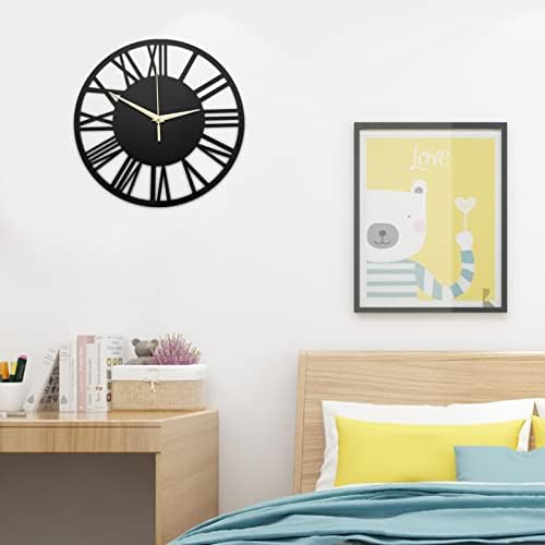 Shoze Vintage Wall Clock 30cm Roman Numerals Battery Powered Silent Clock Round Black Large Operated Giant Open Face Wall Clock for Home Living Room Bedroom Decoration