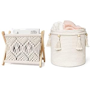 Mkono Macrame Magazine Rack and Macrame Laundry Basket Nursery Storage Bin Organizer Boho Decor for Bedroom Livingroom Dorm