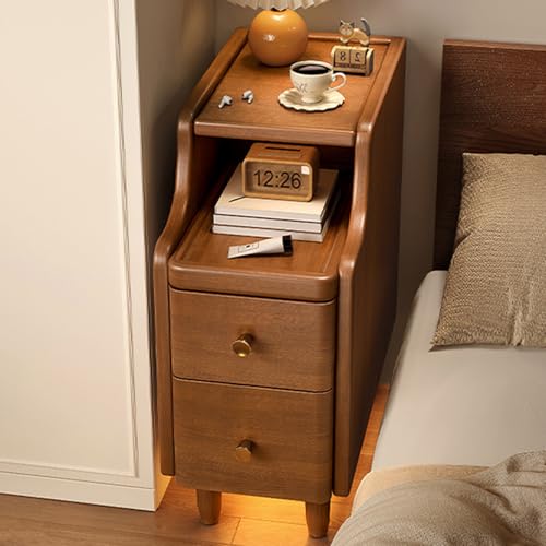 Narrow Nightstand with Drawers, Small Nightstand Solid Slim Wood Night Stand for Small Spaces, Mid Century Modern Slim Skinny Nightstands with Drawers, Skinny End Stand for Bedroom