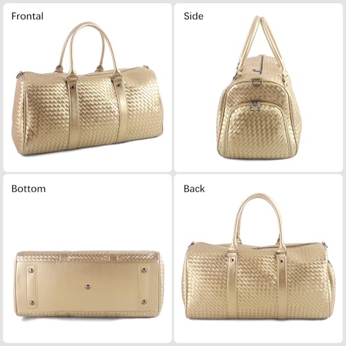 Woven Leather Travel Duffel Bag with Shoe Compartment, Carry On Garment Bag for Men Women, Large Capacity Water-resistant Weekender Tote (Gold)4