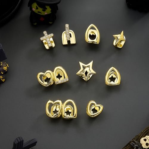 Otoolling 9 Pcs Grill for Women Gold Plated Grills for Teeth Punk Cross Hollow Heart Star Tooth Single Grill Cap Hip Hop Jewelry Gift for Women Men Rapper Halloween Costume Cosplay by Otoolling - Image 7