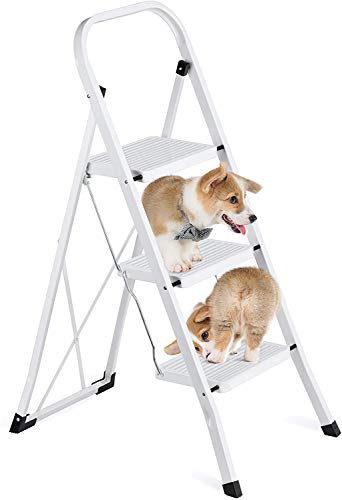 Delxo 3 Step Ladder Folding Step Stool Ladder with Handgrip Anti-Slip Sturdy and Wide Pedal Multi-Use for Household and Office Portable Step Stool Steel 300lbs White (3 feet)