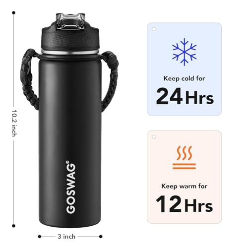 Image of GOSWAG 24oz Insulated Stainless Steel Travel Water Bottle, 2 Lids | with straw and no straw, Paracord handle, Double-wall vacuum keeps drinks cold or hot, Leakproof tumbler