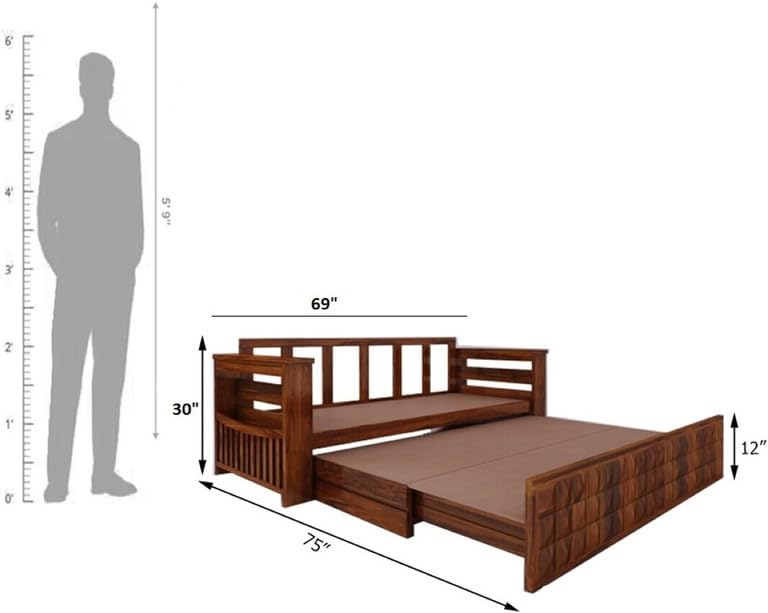 Image of Solid Sheesham Wood Sofa Cum Bed 2 Seater | Wooden Foldable Double Bed for Living Room with Headboard & Storage | Bed Cum Sofa with Mattress for Home | Diamond Design (Honey Finish)