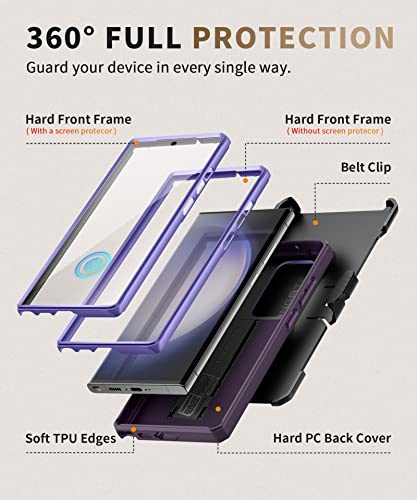 Tongate For Samsung Galaxy S23 Ultra Case, [Bulit-In Slide Camera Cover & Screen Protector] [2 Front Frame] Military Grade Shockproof S23 Ultra Phone Case With Kickstand & Belt-Clip 6.8", Purple #TOP4